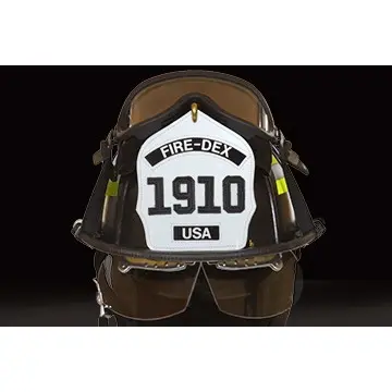 Close-up front view of a Fire-Dex® Traditional Helmet in black, highlighting full face coverage, shell durability, and reflective trim.