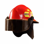 Front left side view of a Fire-Dex® Modern Helmet in red with visor down, showing shell contours, integrated visor, and reflective trim.