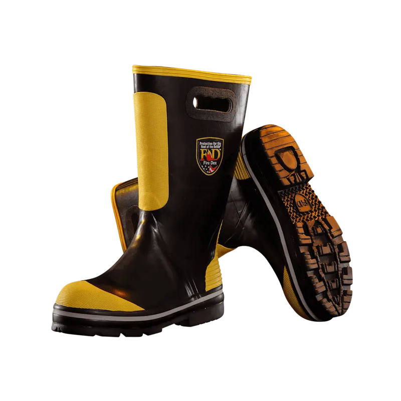 Pair of Fire-Dex® FDXR100 Rubber Fire Boots, with one boot showing the sole and the other resting on the ground, highlighting slip-resistant tread, durable waterproof construction, and protective features for firefighting operations.