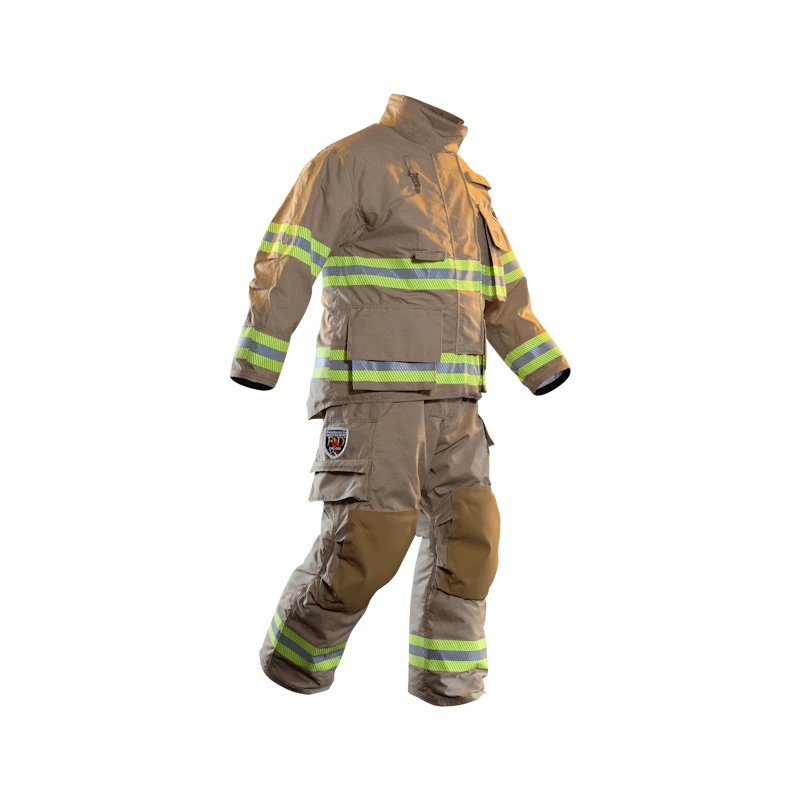 Fire-Dex® FXM turnout coat in tan shown from an angled side view, highlighting fit and protective features.