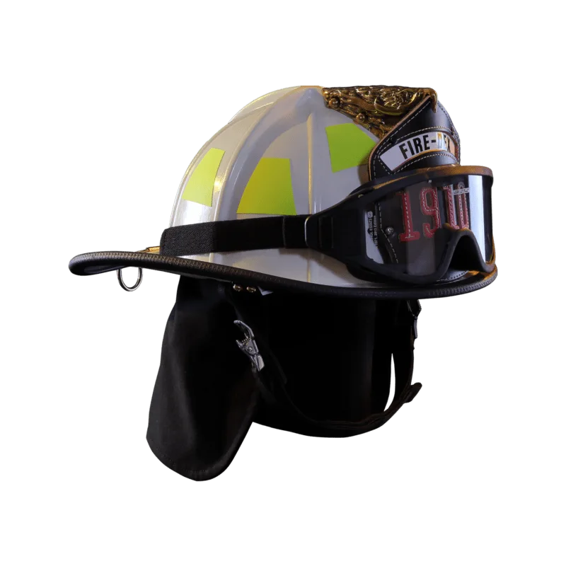 Front right side view of a Fire-Dex® Traditional Helmet in gray, showing shell contours, visor area, and reflective safety trim.