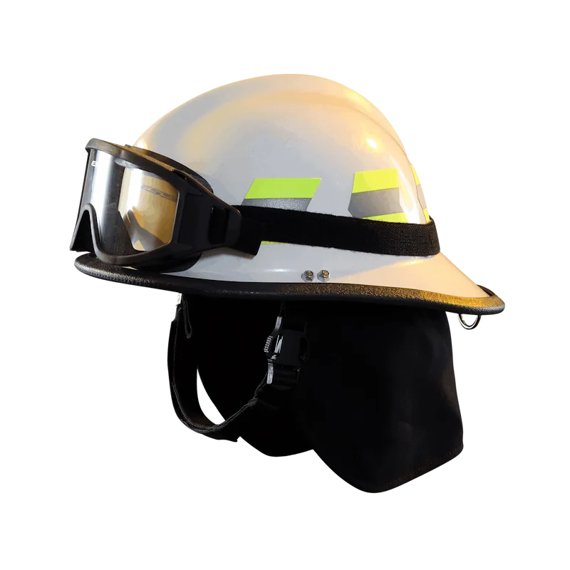 Left side view of a Fire-Dex® Modern Helmet in white with no visor and goggles mounted on the helmet, highlighting side profile, shell design, and accessories.