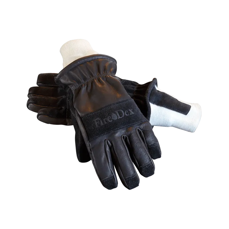 Pair of Fire-Dex® Dex-Pro NFPA 1971 Structural Firefighting Gloves displayed on mannequin hands, showing overall shape, fit, and protective coverage