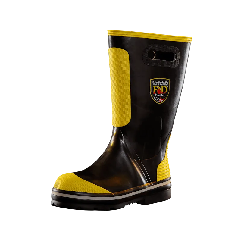 Single Fire-Dex® FDXR100 Rubber Fire Boot, front left side view, showing protective shell, toe reinforcement, and durable waterproof construction.