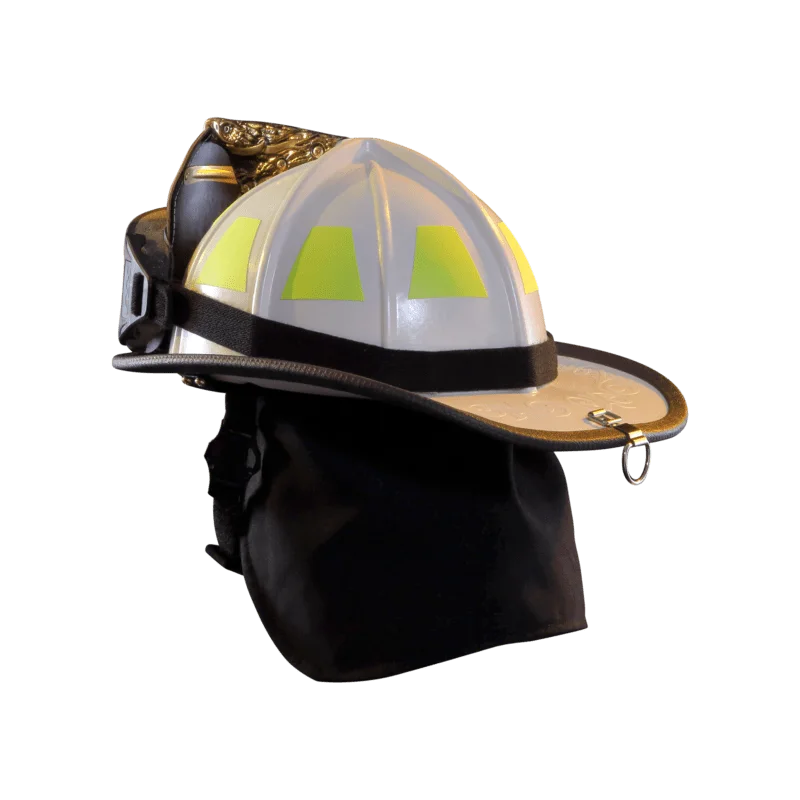 Angled back left side view of a Fire-Dex® Traditional Helmet in gray, highlighting rear shell design, ventilation, and reflective markings.