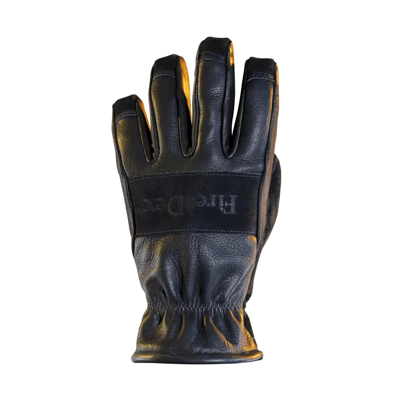 Back side view of a single Fire-Dex® Dex-Pro NFPA 1971 Structural Firefighting Glove, highlighting durable outer shell, reinforced knuckles, and protective stitching.