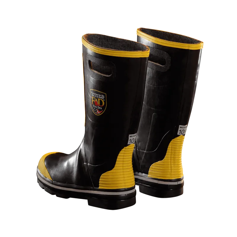 Pair of Fire-Dex® FDXR100 Rubber Fire Boots, back left side view, highlighting heel design, reflective trim, and overall protective features.