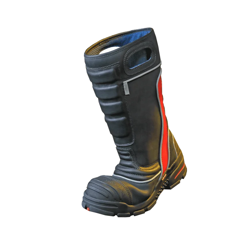 Front right side view of a single Fire-Dex® FDXL200 Leather Firefighter Boot with toe bent, highlighting flexibility, protective reinforcement, and durable leather construction.