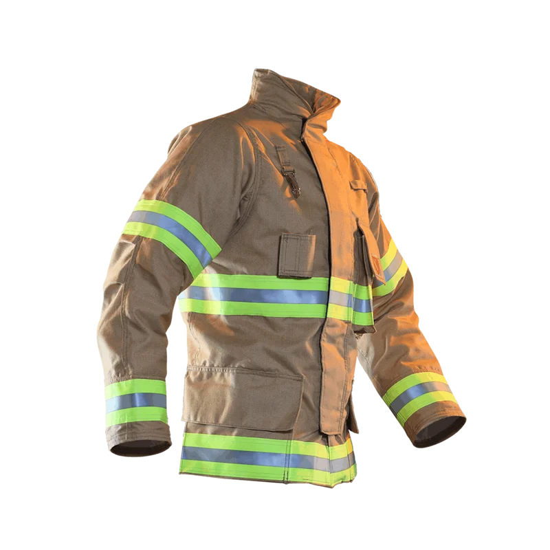 Fire-Dex® FXR Custom turnout coat shown from an angled side view, emphasizing fit, closure details, and protective layers.