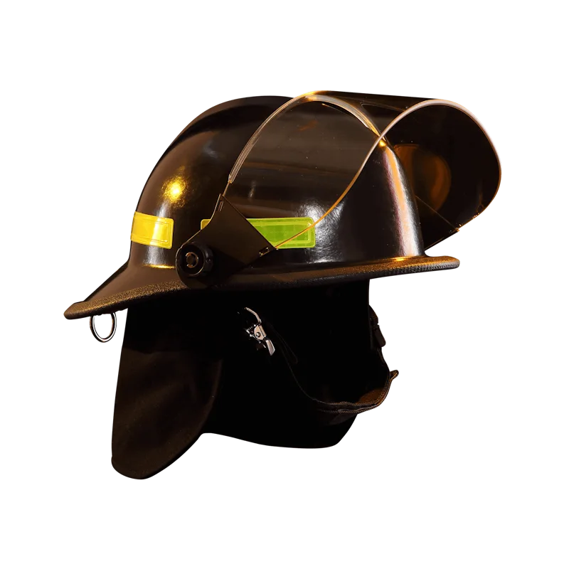 Front right side view of a Fire-Dex® Modern Helmet in black with visor up, highlighting face coverage area, shell design, and reflective safety features.