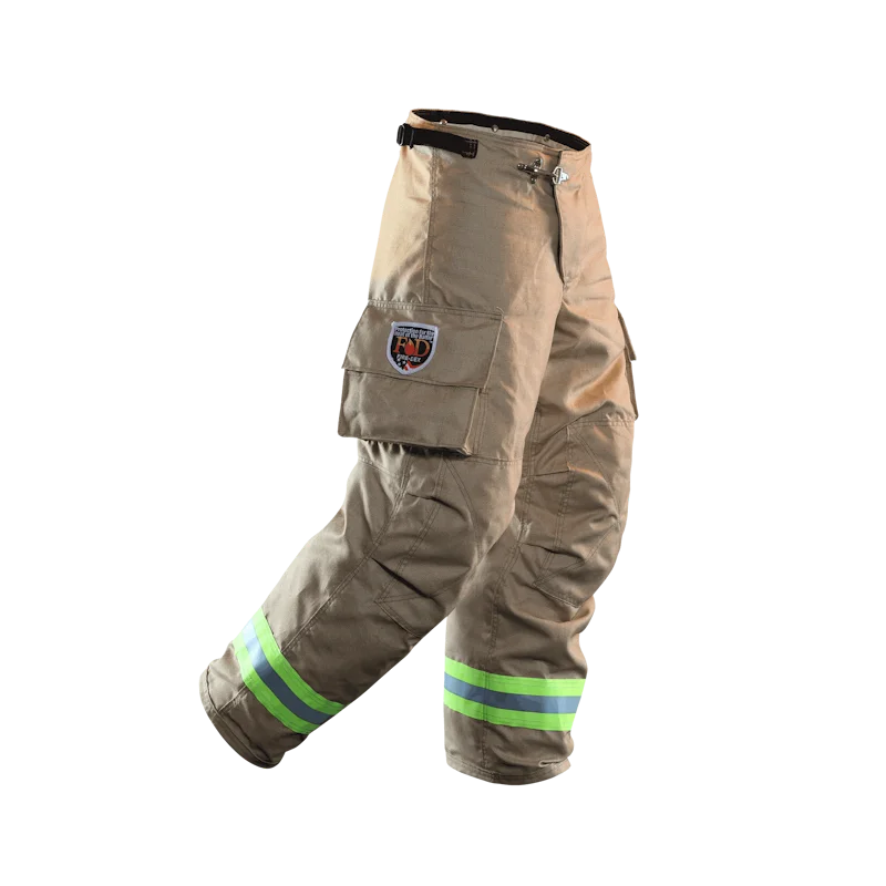 Fire-Dex® FXR Custom turnout pants shown from an angled side view, highlighting articulation, durability, and reinforced areas.