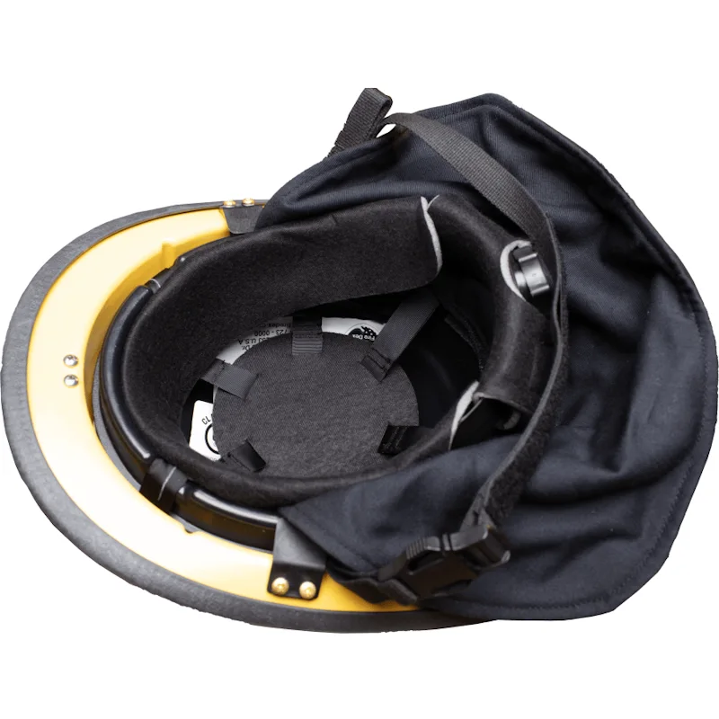 Under view of a Fire-Dex® Traditional Helmet in yellow, highlighting suspension system, adjustable straps, and interior padding.