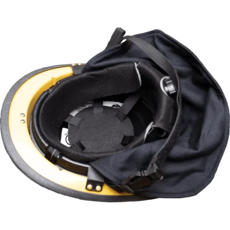Under view of a Fire-Dex® Modern Helmet in yellow, highlighting suspension system, interior padding, and adjustable straps for secure fit.