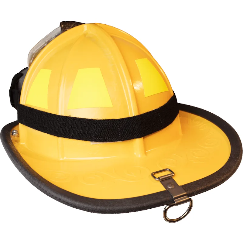 Back left side view of a Fire-Dex® Traditional Helmet in yellow, showing rear shell design and reflective safety features.