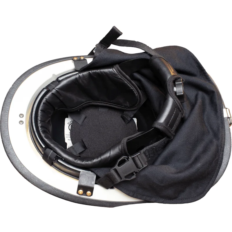 Under view of a Fire-Dex® Traditional Helmet in white, showing interior suspension, straps, and padding for comfort and secure fit.