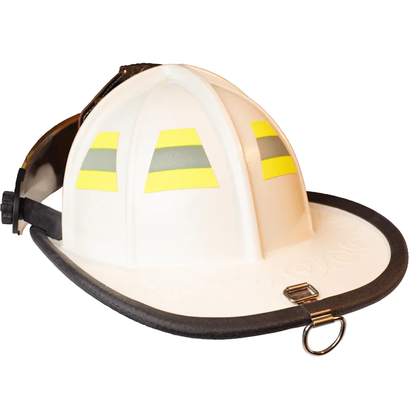 Back left side view of a Fire-Dex® Traditional Helmet in white, highlighting shell design, ventilation, and reflective trim.