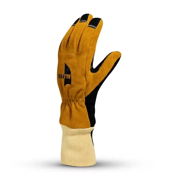 Single MajFire MFA83 glove angled backside view, highlighting the durable Kevlar-reinforced leather and ergonomic design for firefighter protection.