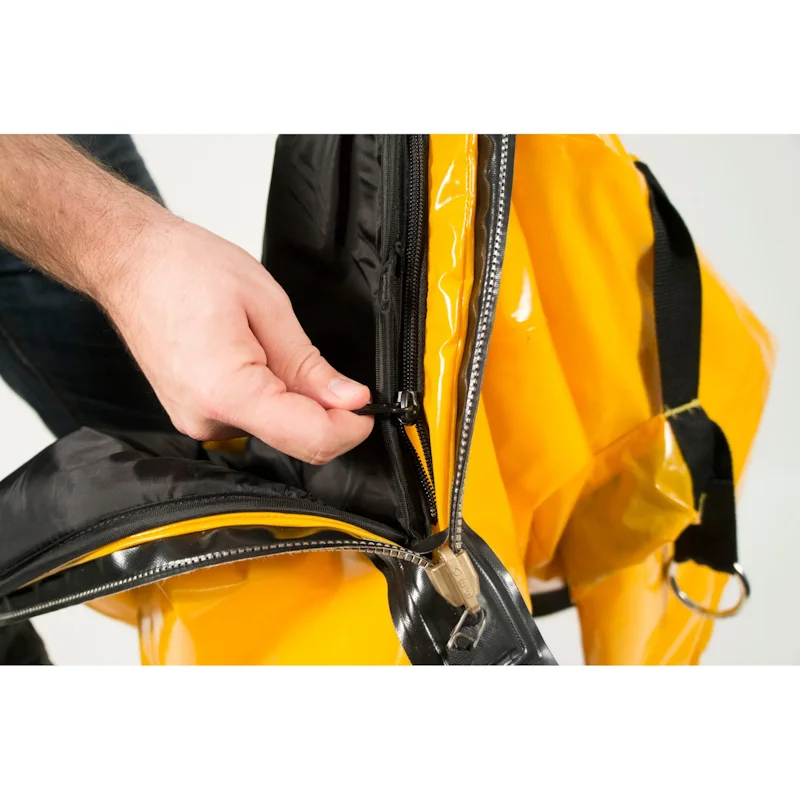 Close-up of unzipped chest area of Mustang Survival® Ice Commander Rescue Suit revealing inner layers and insulation.