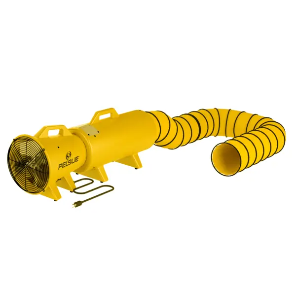 Pelsue® Thermoplastic Axial Blower with Canister, a lightweight, corrosion-resistant axial fan featuring a protective canister for enhanced durability and efficient airflow in industrial and emergency settings.