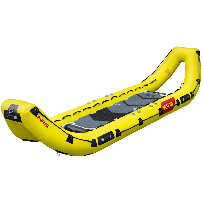 NRS ASR 155 Rescue Boat, a durable red inflatable for swift water rescue, with sturdy pontoons, grab lines, and roomy deck.