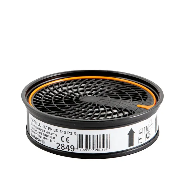 Sundström® SR 510 P3 R particle filter cartridge with a black round housing and orange sealing ring, shown with a spiral-patterned protective cover and a white label listing EN 143 certification, CE marking, and barcode.