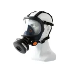 Sundström® SR 200 Glass full face mask in black and navy blue with a wide clear glass lens and inner nose cup, shown on a mannequin head with adjustable head straps, a black side-mounted filter cartridge, and an orange exhalation valve cover.