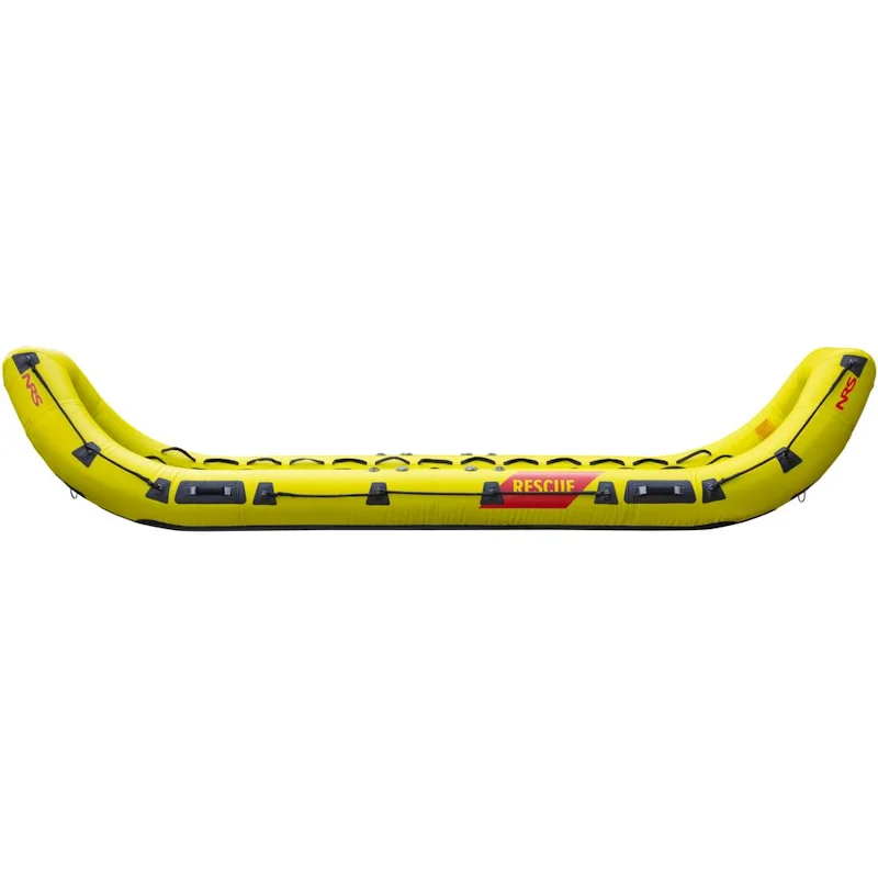 Side view of the NRS ASR 155 Rescue Boat with durable red inflatable pontoons, grab lines, and rescue-ready profile.