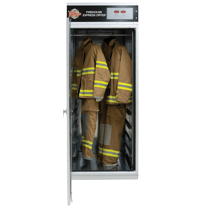 Front view of the Ready Rack™ Firehouse Express Dryer – 2 Gear with both doors open, displaying firefighter coveralls hanging inside.