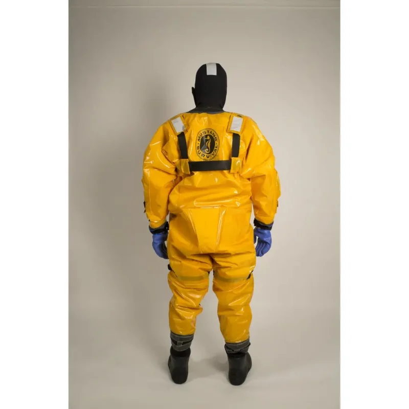 Back view of person in Mustang Survival® Ice Commander Rescue Suit showing reflective markings and suit construction.