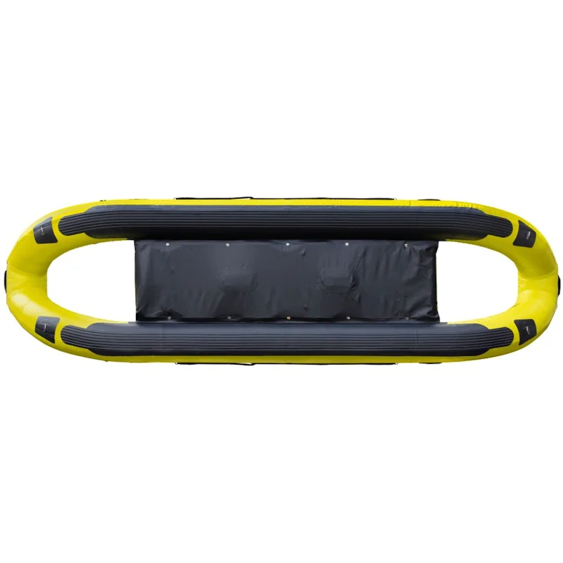 Underside view of the NRS ASR 155 Rescue Boat displaying reinforced inflatable hull and secure seam construction.