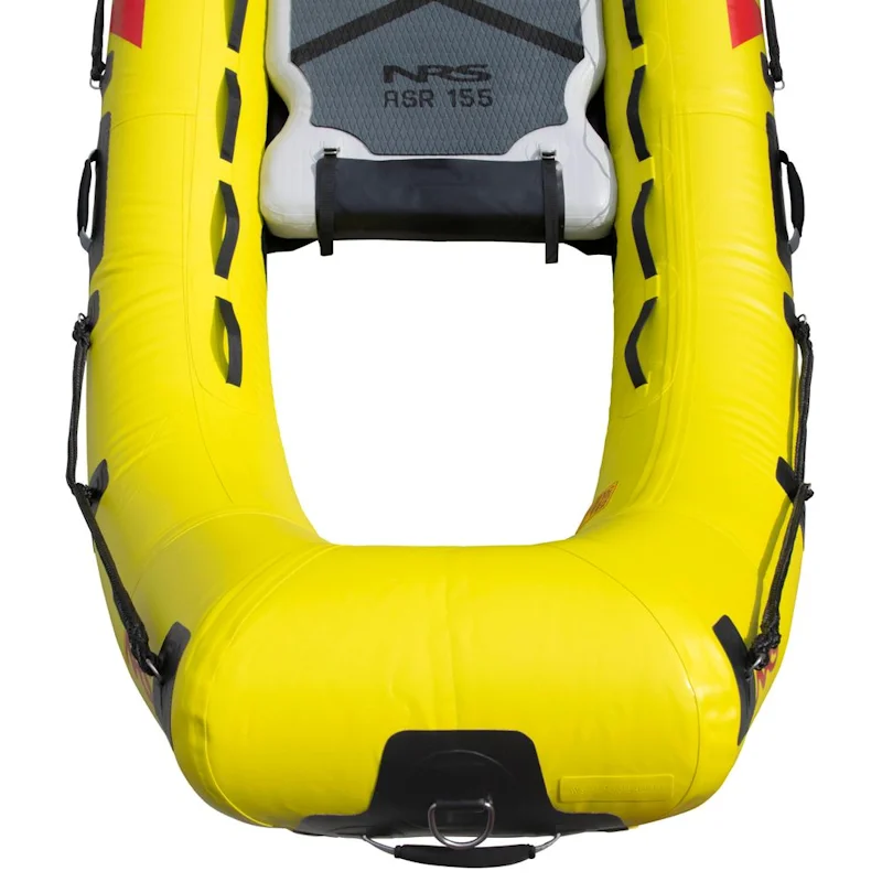 Top front close-up of the NRS ASR 155 Rescue Boat pull handle with metal ring attachment for towing or securing.