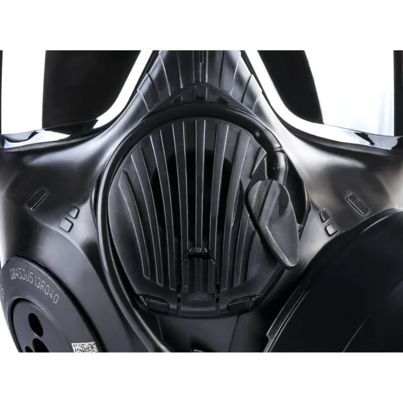 Close-up front view highlighting the nose and filter area of the Avon Protection C50™ Air Purifying Respirator, showing secure fit and filtration components.