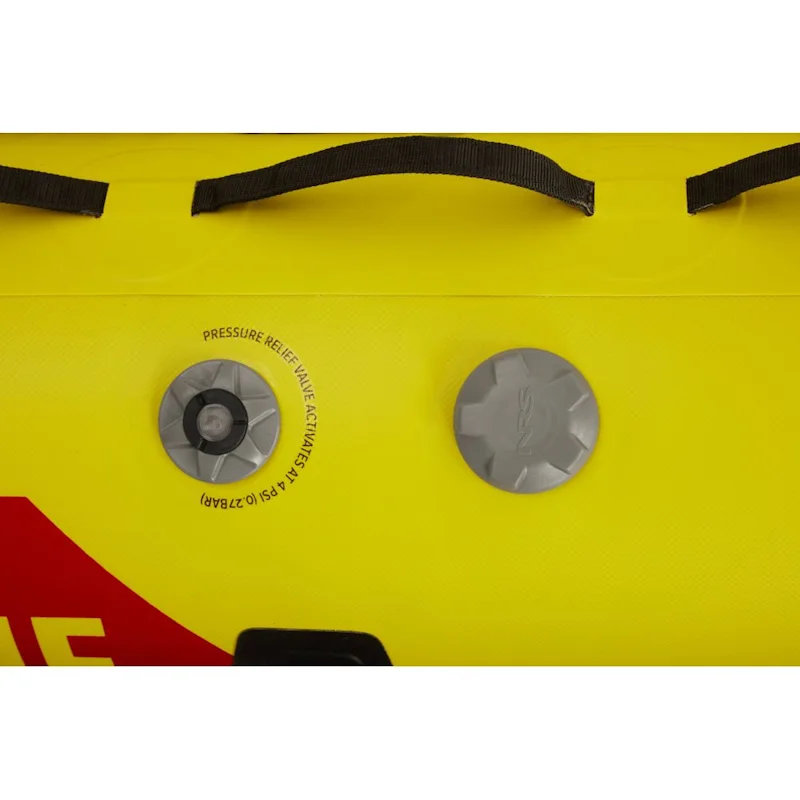 Close-up of the NRS ASR 155 Rescue Boat pressure relief valve for safe air regulation and inflation control.
