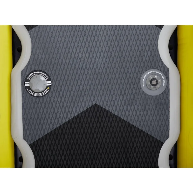 Close-up of the NRS ASR 155 Rescue Boat center platform showing textured surface and sturdy inflatable pontoons.