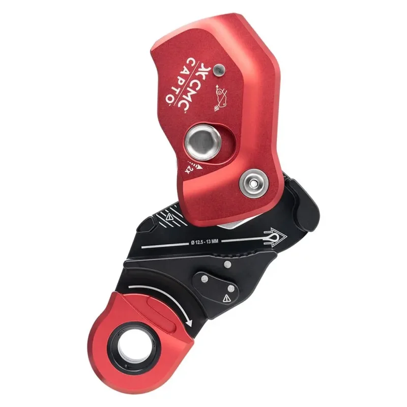 Close-up of the red CMC™ CAPTO™ Multifunctional Rope Grab in the open position, highlighting its secure locking mechanism and easy rope insertion design for rescue and industrial use.