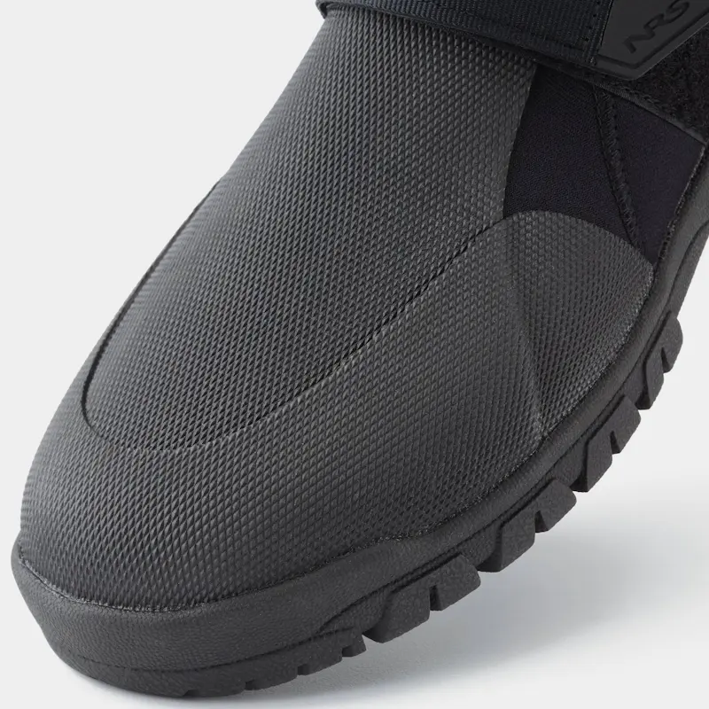 Closeup of a single NRS ATB Wetshoe from the front left side, highlighting the neoprene upper, reinforced toe area, and detailed stitching.