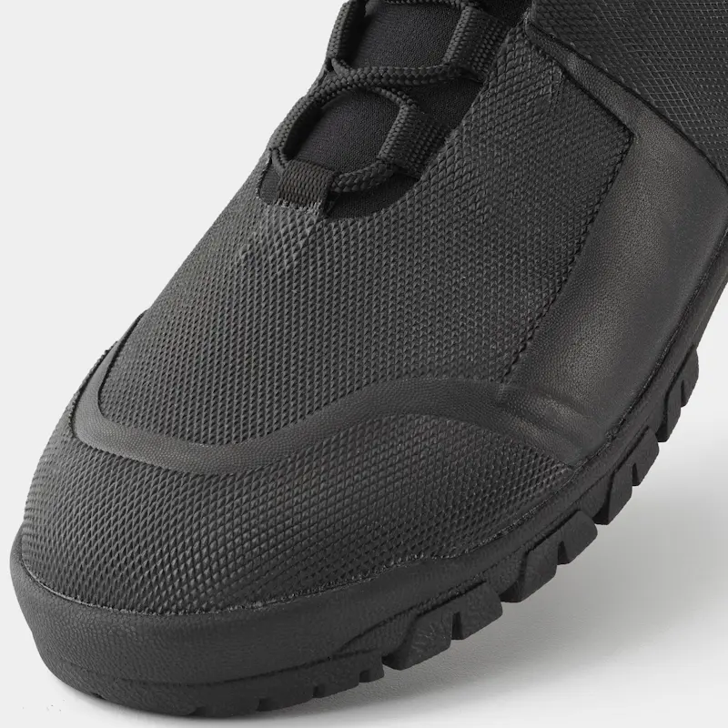 Closeup of a single left-footed NRS Workboot Wetshoe from the front left side, highlighting the reinforced toe, zipper, and detailed stitching.