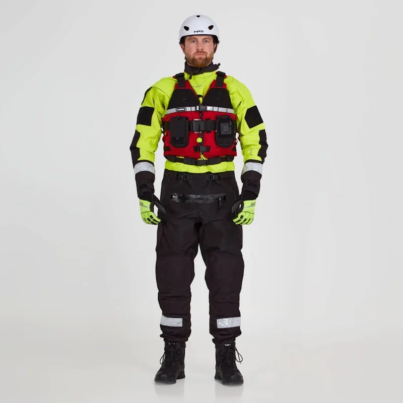 Front view of a man wearing the NRS Extreme SAR GTX Dry Suit in safety yellow with an equipment bag secured on the chest, highlighting the suit’s breathable fabric and rescue gear setup.