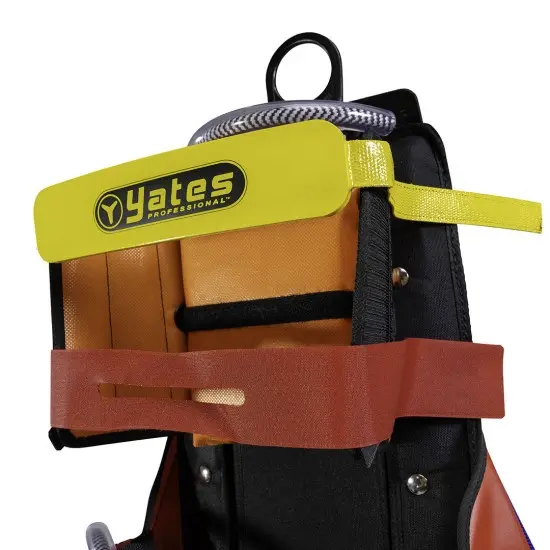 Close-up back view of the top of the Yates Professional™ 900WT Yates Spec Pak, showing the upper harness and attachment points for secure firefighter support.