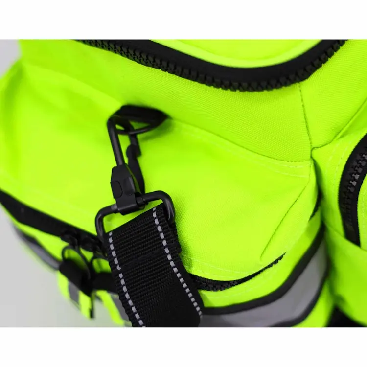 Closeup of Lightning X LXMB25 fluorescent yellow variant handle clip, featuring durable materials and secure fastening for reliable emergency bag transport.