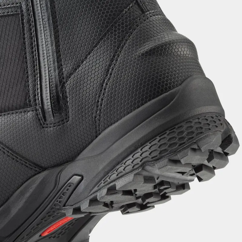 Closeup of a single right-footed NRS Storm Boot from the back left side, focusing on the reinforced heel and textured sole area.