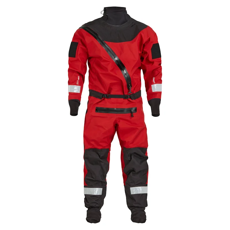 Front view of the NRS Ascent SAR Dry Suit in red, showing the durable waterproof fabric, latex neck gasket, and heavy-duty front zipper.