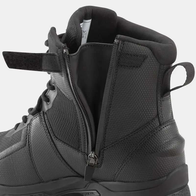 Closeup of a single right-footed NRS Storm Boot’s left side with the zipper and Velcro strap opened, showing the easy-entry design and secure fit features.