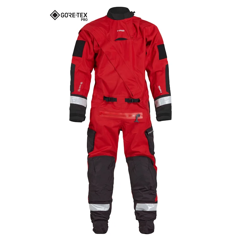Front view of the NRS Extreme SAR GTX Dry Suit in red, showcasing breathable Gore-Tex® fabric, reinforced panels, latex neck gasket, and heavy-duty front zipper.