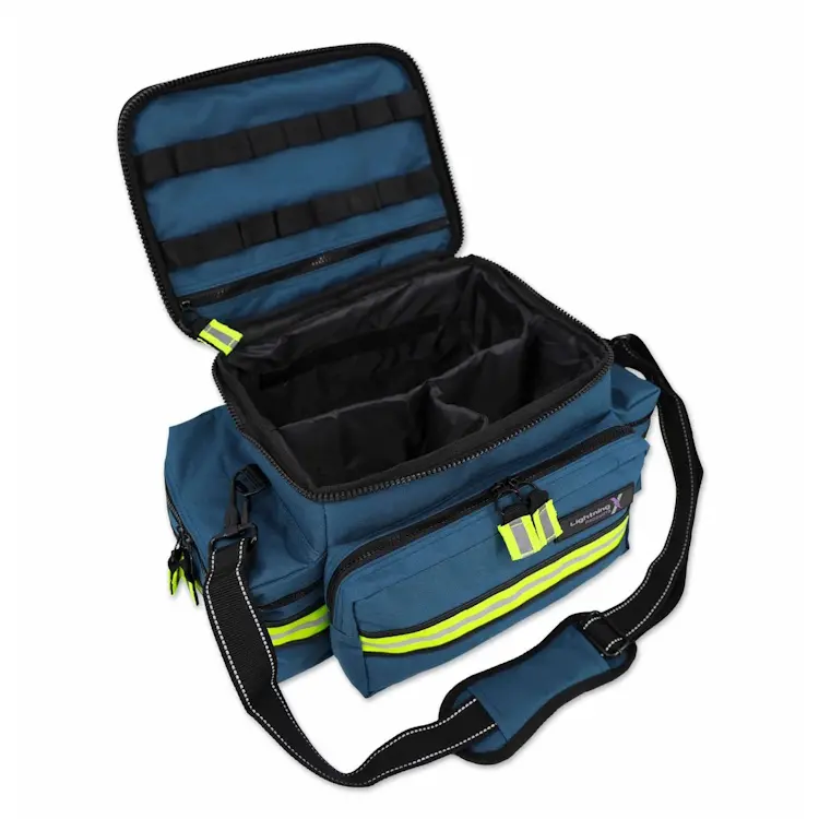 Lightning X LXMB25 navy blue variant medium-sized first responder EMT bag with top open, showing organized, quick-access medical supply storage.