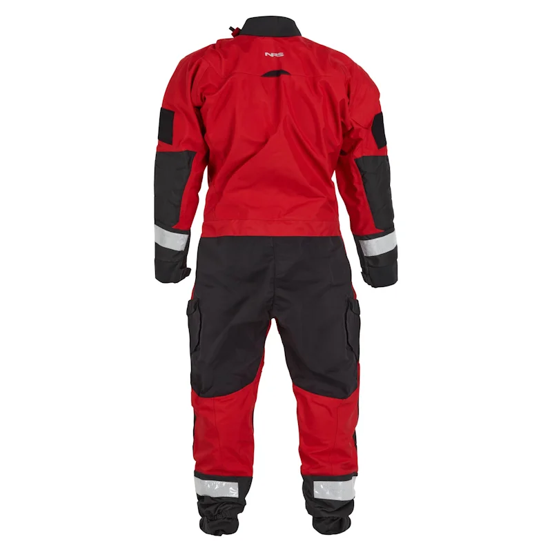 Back view of the NRS Extreme SAR GTX Dry Suit in red, highlighting reinforced knees and seat, sealed seams, and reflective safety accents.