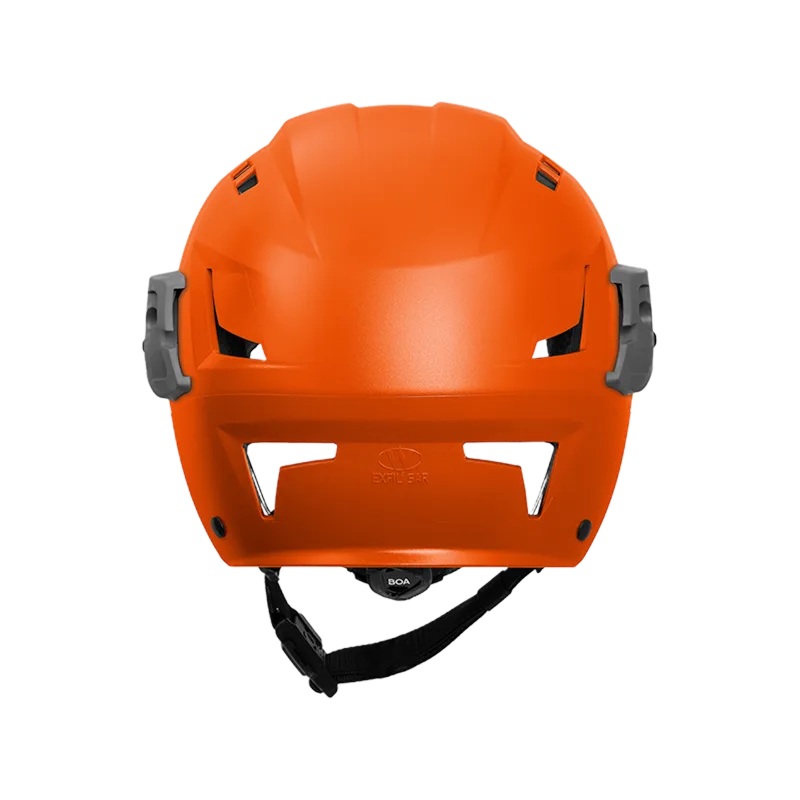 Rear view of an orange Team Wendy® EXFIL® SAR Backcountry™ helmet with gray side accessory mounts, ventilation cutouts, an embossed "W" logo, and a black BOA rear retention dial with adjustable chin straps.