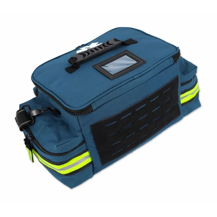 Lightning X LXMB25 navy blue variant medium-sized first responder EMT bag back view, showing padded straps and durable construction for emergency use.