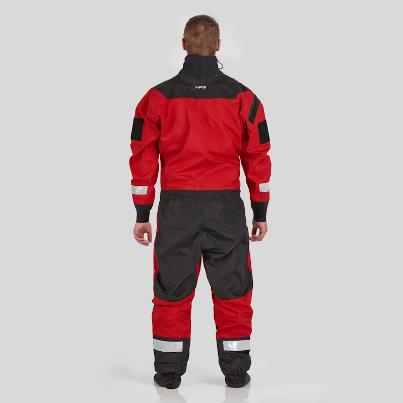 Back view of a man wearing the NRS Ascent SAR Dry Suit in red, showing reinforced panels and reflective accents for visibility.