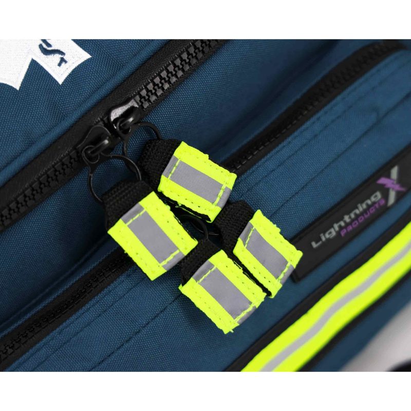 Closeup of Lightning X LXMB25 navy blue variant showing front top zippers for secure, easy access to emergency medical supplies.